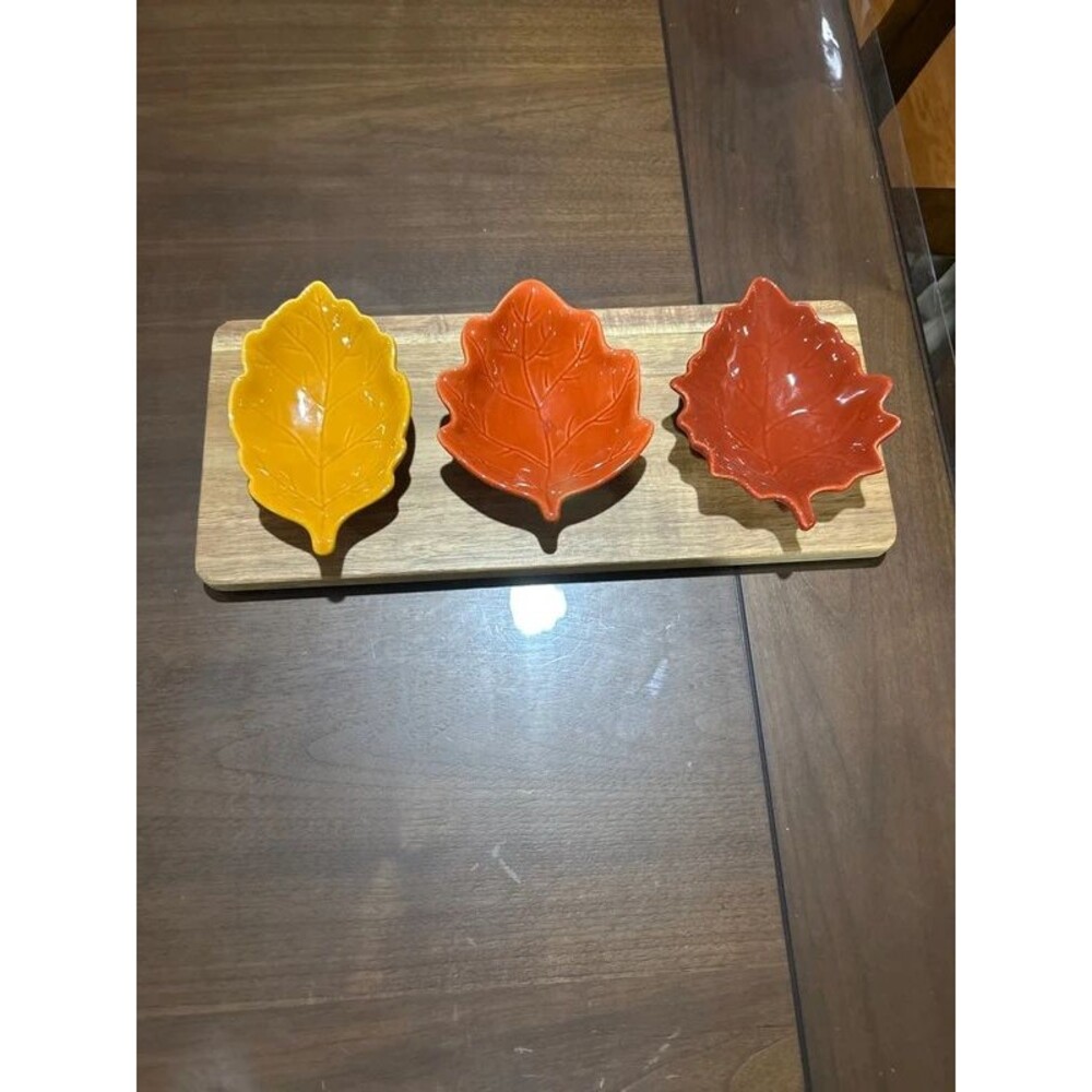 Thirstystone Fall Thanksgiving Ceramic Leaf Bowl & Wood Tray Serving Set